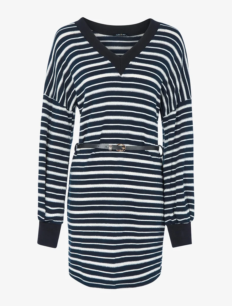 Robe-pull rayée à encolure V - Marine