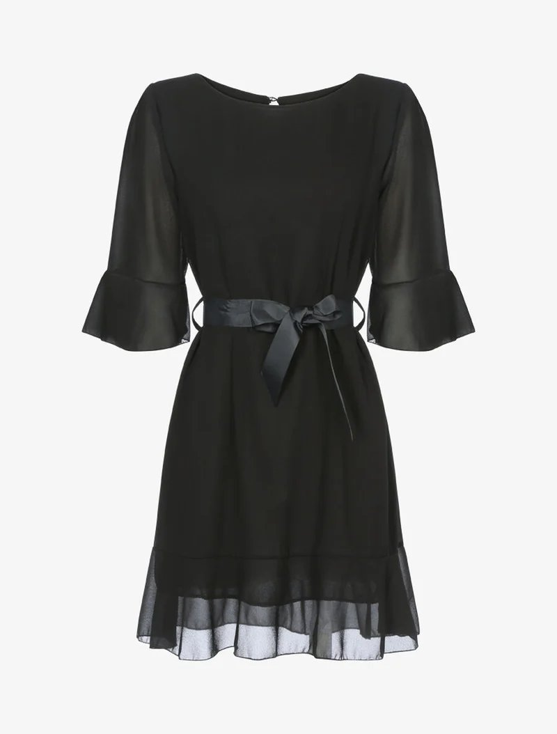 Robe volantée à ceinture contrastante - Noir