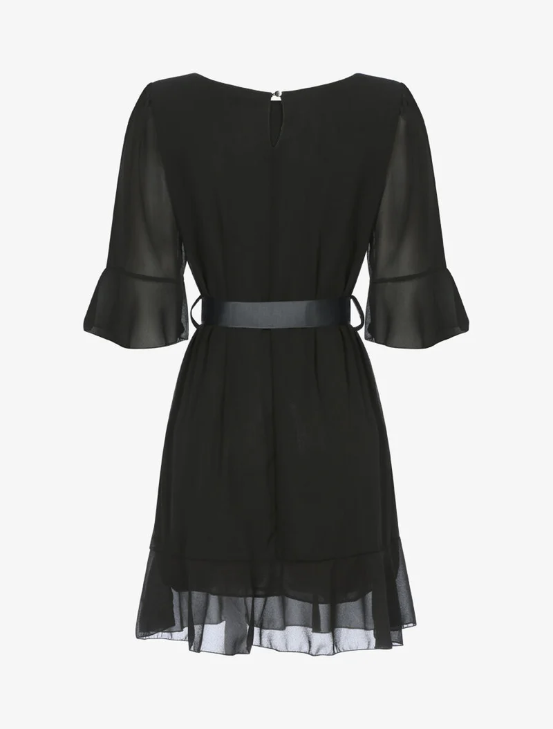 Robe volantée à ceinture contrastante - Noir