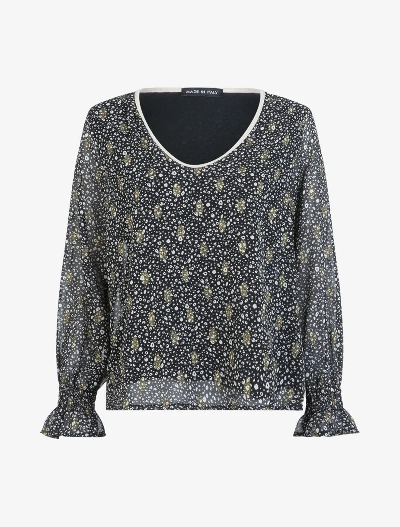 Blouse à imprimé tacheté et feuilles - Noir