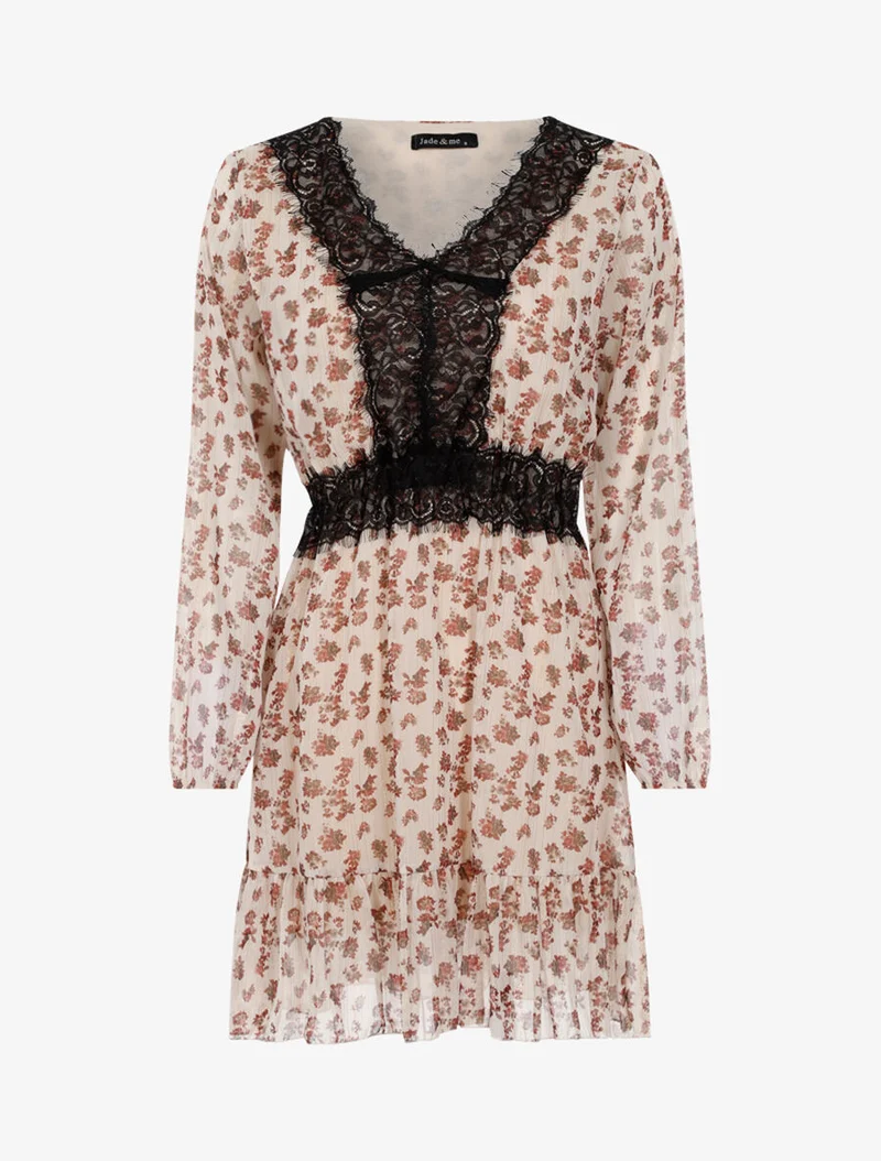 Robe à fleurs et décolleté dentelle - Beige