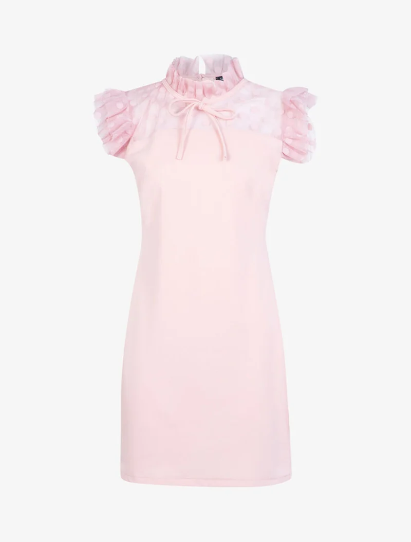Robe à détails tulle ajourée à pois - Rose