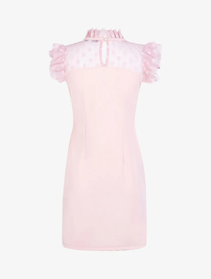 Robe à détails tulle ajourée à pois - Rose