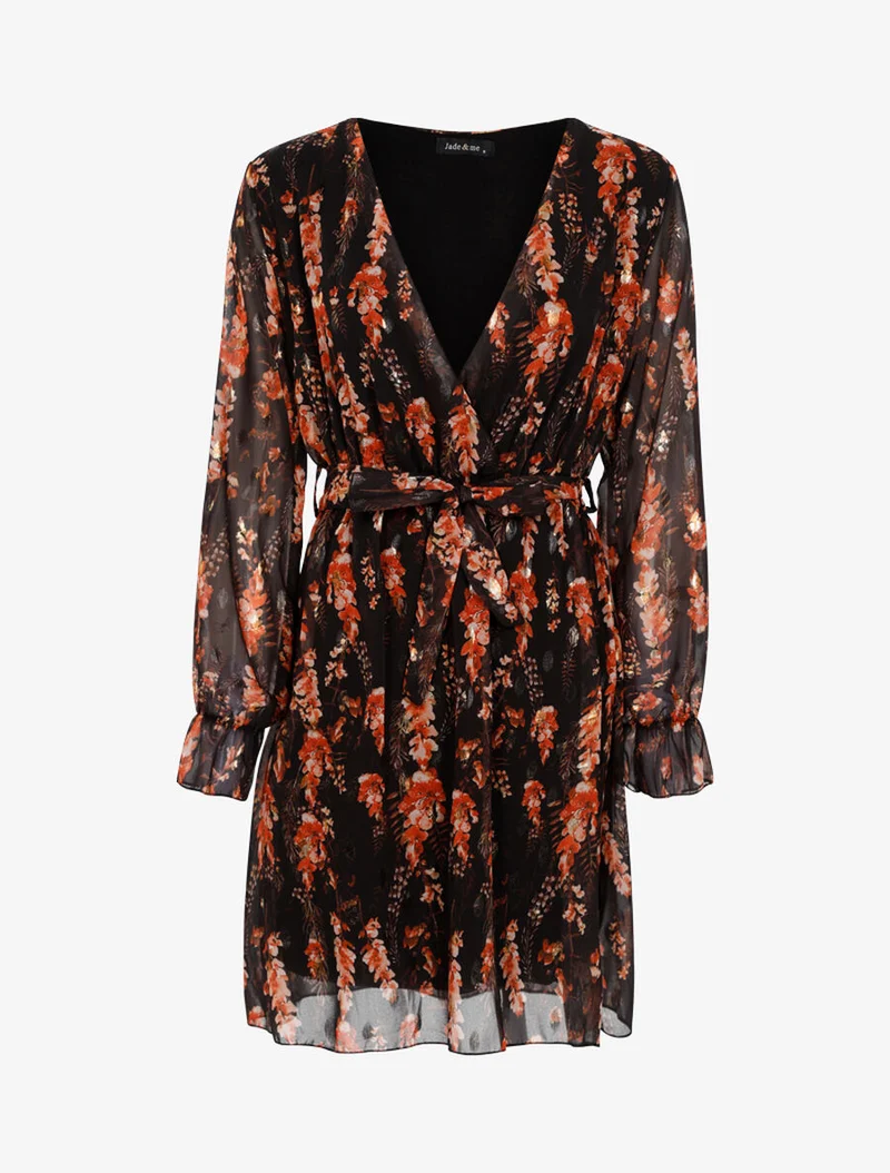 Robe fleurie à coeur-croisé échancré - Noir
