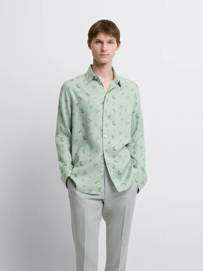 Chemise slim en lin fleurie