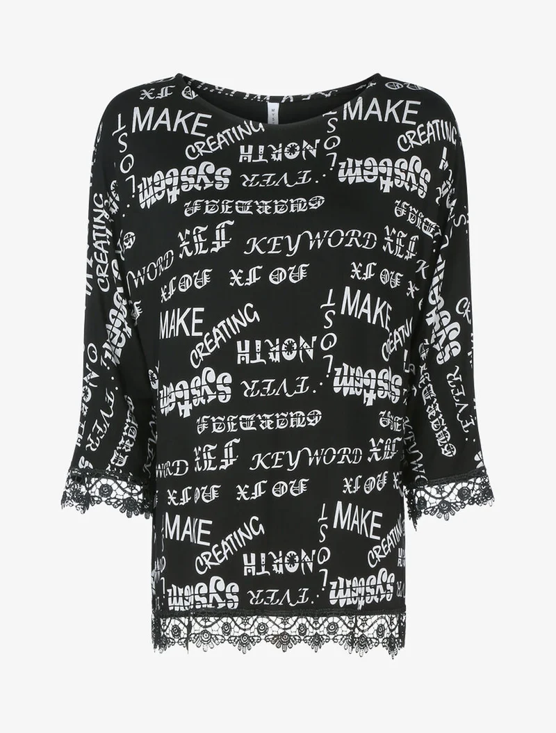 Top oversize à bords dentelle et imprimé texte - Noir