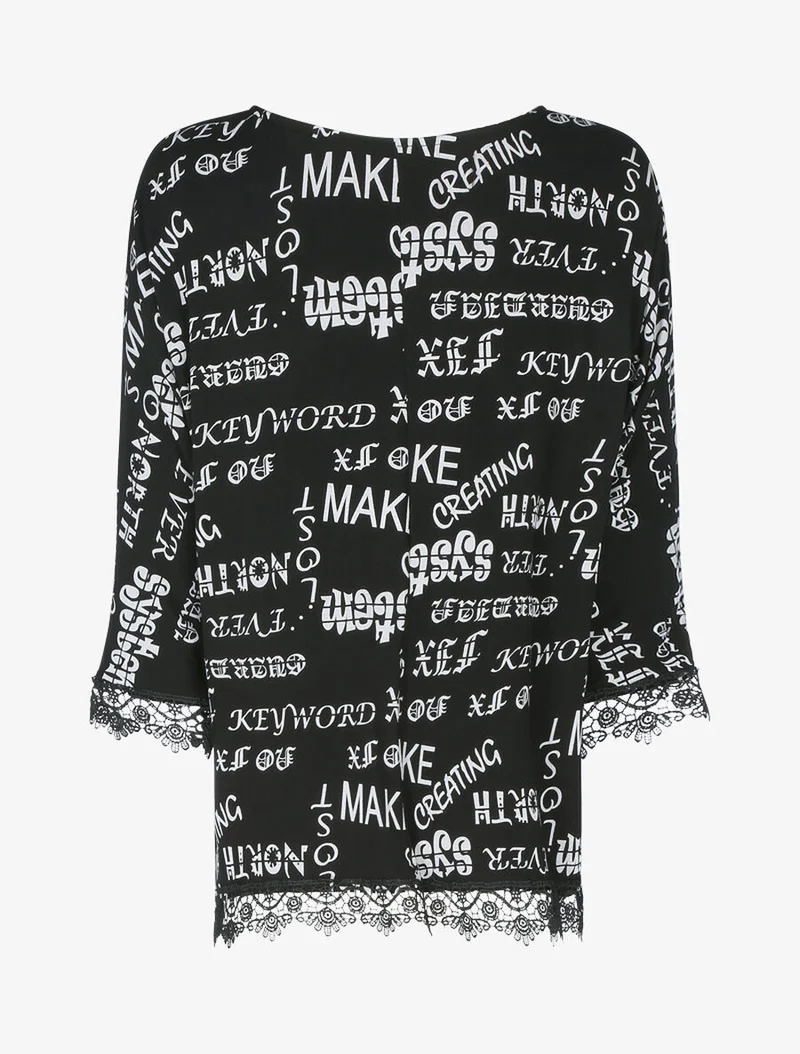 Top oversize à bords dentelle et imprimé texte - Noir