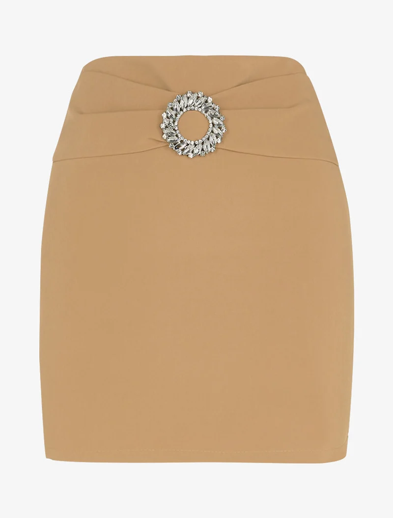 Mini jupe à ceinture bijou - Camel clair