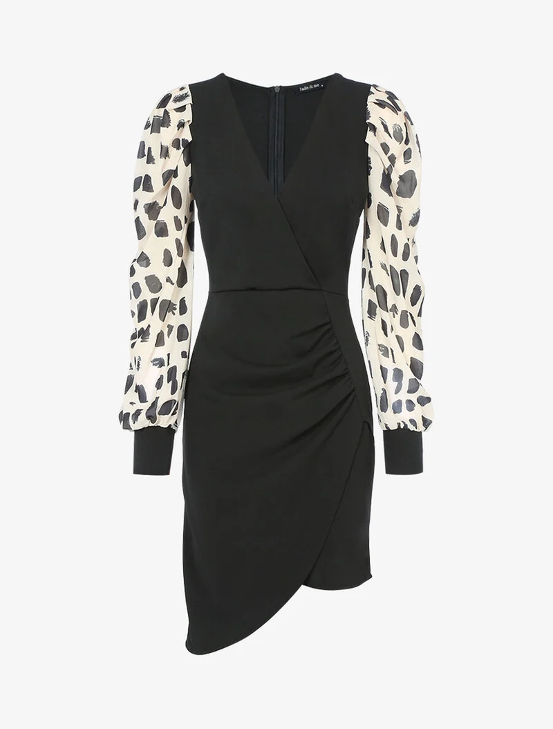 Robe fourreau à manches imprimées - Beige/noir