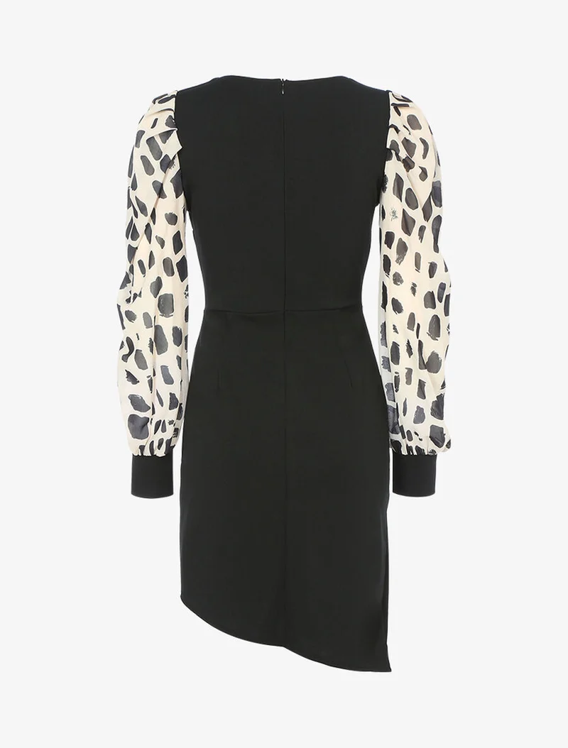 Robe fourreau à manches imprimées - Beige/noir