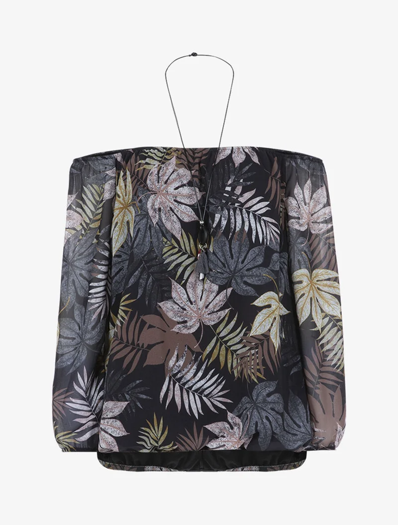 Blouse à imprimé feuillages et sautoir - Noir