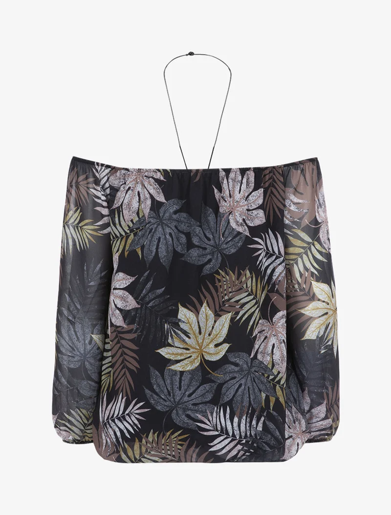 Blouse à imprimé feuillages et sautoir - Noir