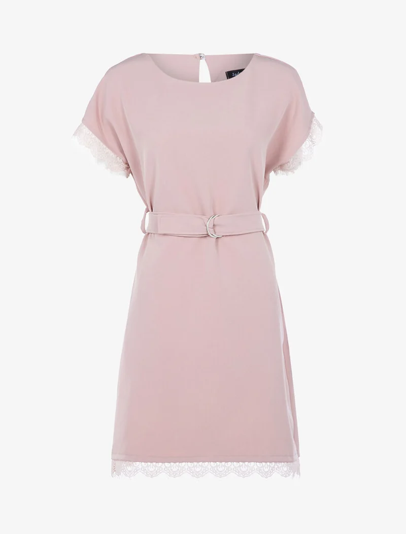 Robe ceinturée à bords dentelle - Rose