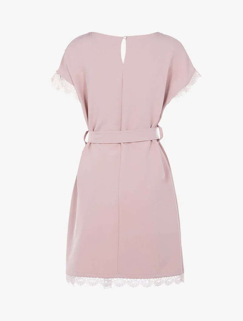 Robe ceinturée à bords dentelle - Rose