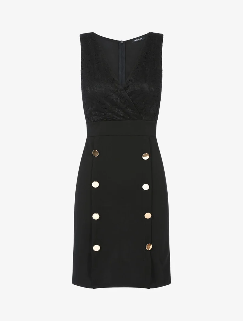 Robe fourreau buste dentelle et bas boutonné - Noir