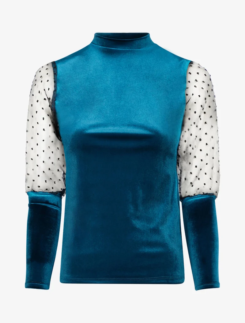 Top effet velours à manches ajourées - Bleu pétrole