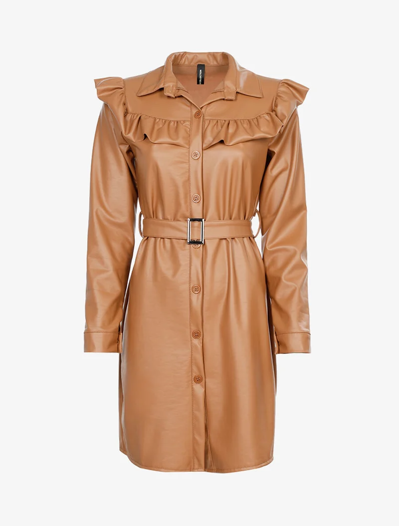 Robe volantée effet vinyle - Camel