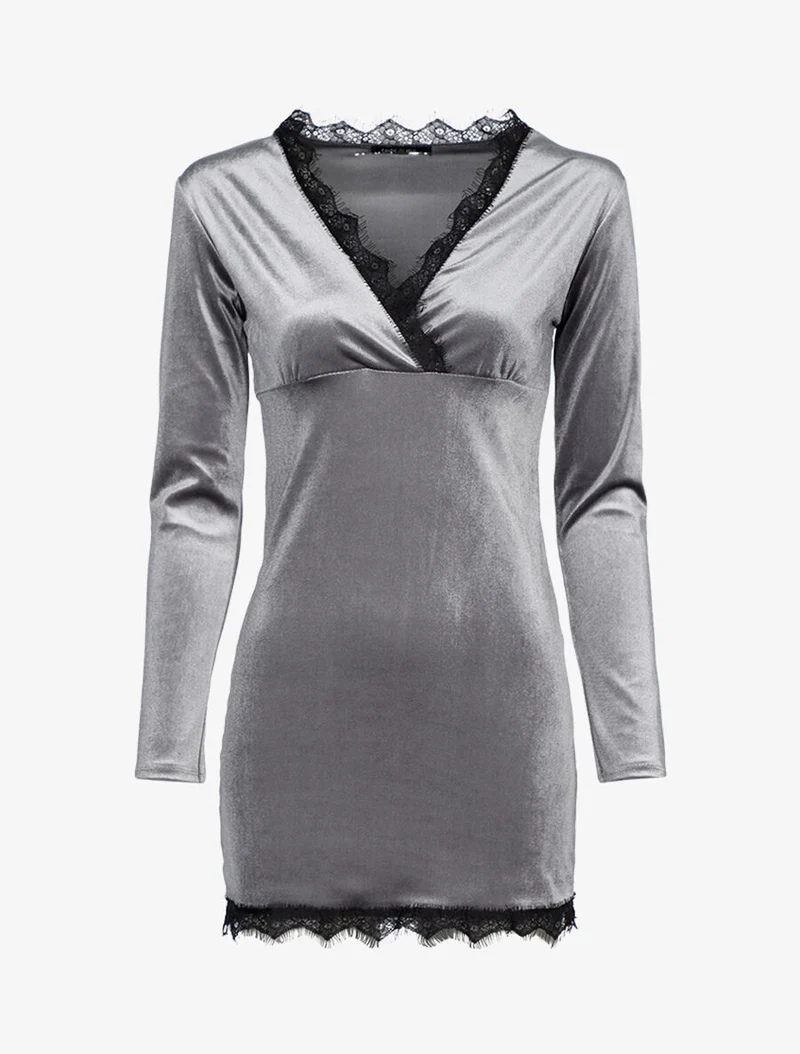 Tunique en velours à bords dentelle - Gris