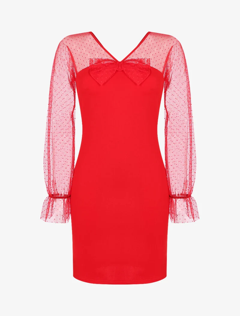 Robe à empiècement en tulle à pois - Rouge