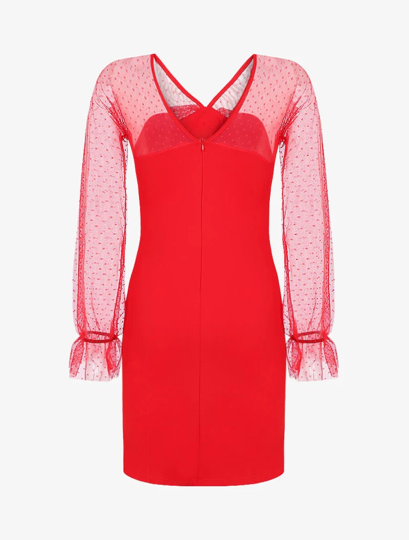 Robe à empiècement en tulle à pois - Rouge