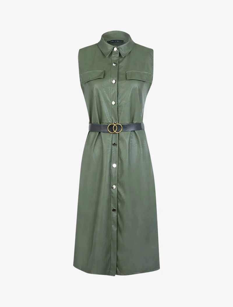 Robe mi longue en simili - Kaki