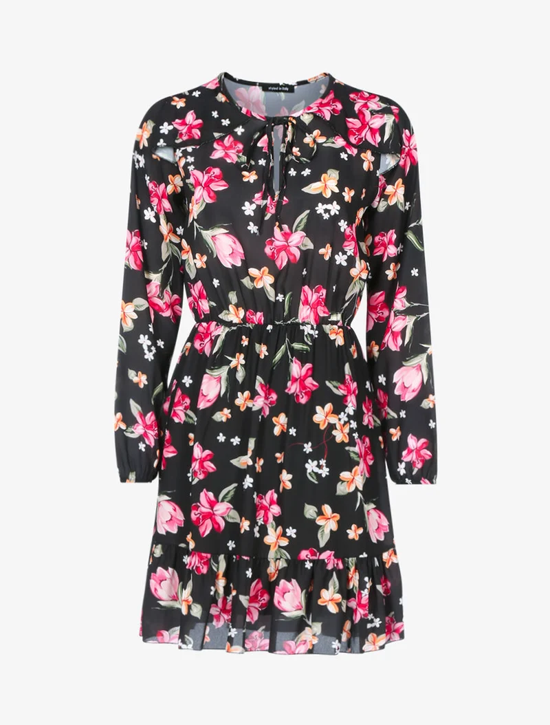 Robe fleurie à buste ajouré - Noir