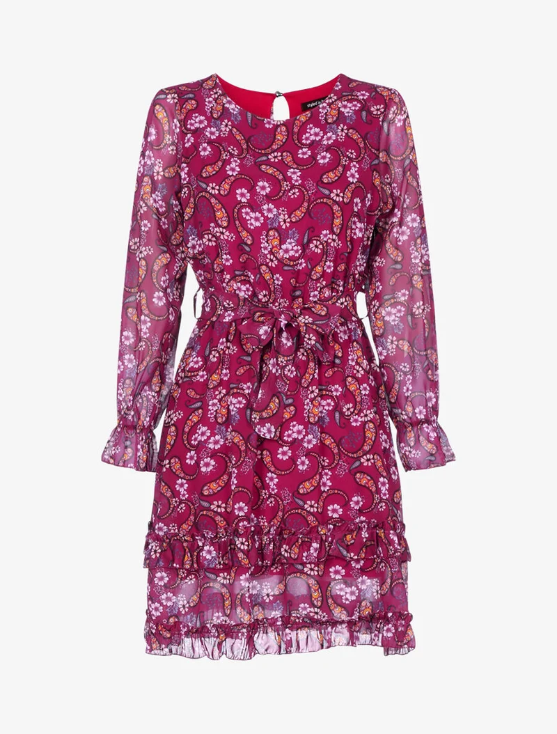 Robe volantée à imprimé fleuri - Rouge cerise