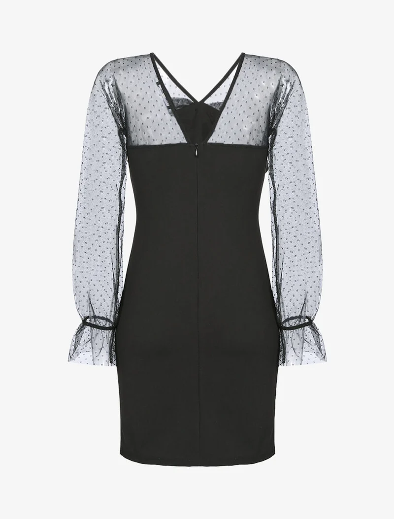 Robe à empiècement en tulle à pois - Noir