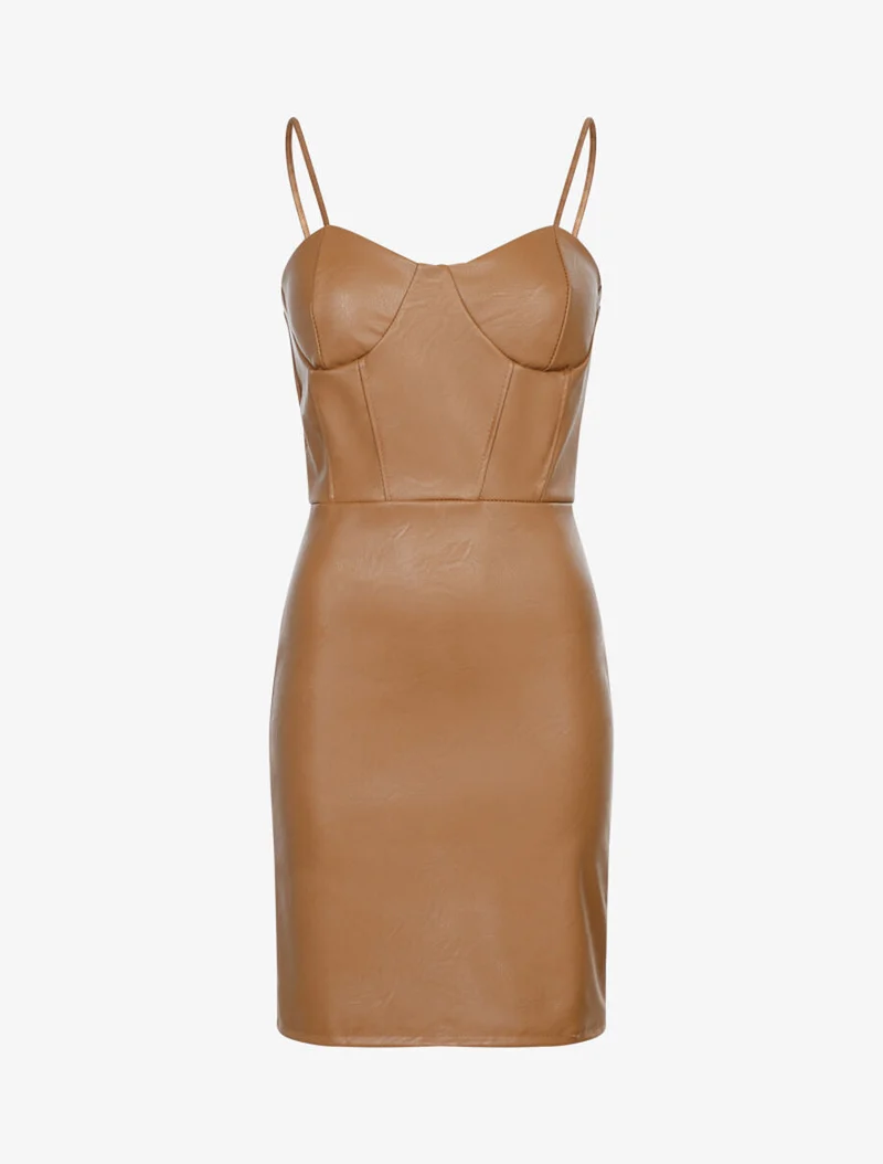 Robe en simili à buste à coutures - Camel