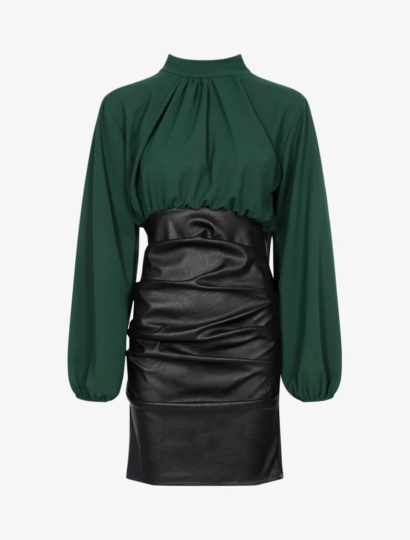 Robe en voile et bas plissé en simili - Vert/noir