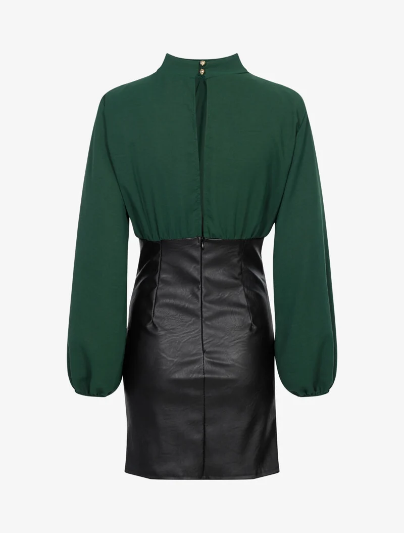Robe en voile et bas plissé en simili - Vert/noir