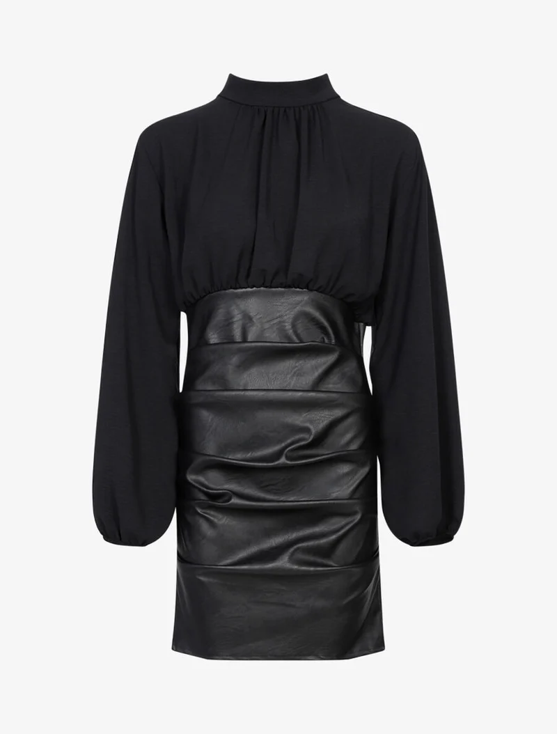 Robe en voile et bas plissé en simili - Noir