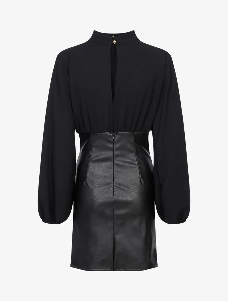 Robe en voile et bas plissé en simili - Noir