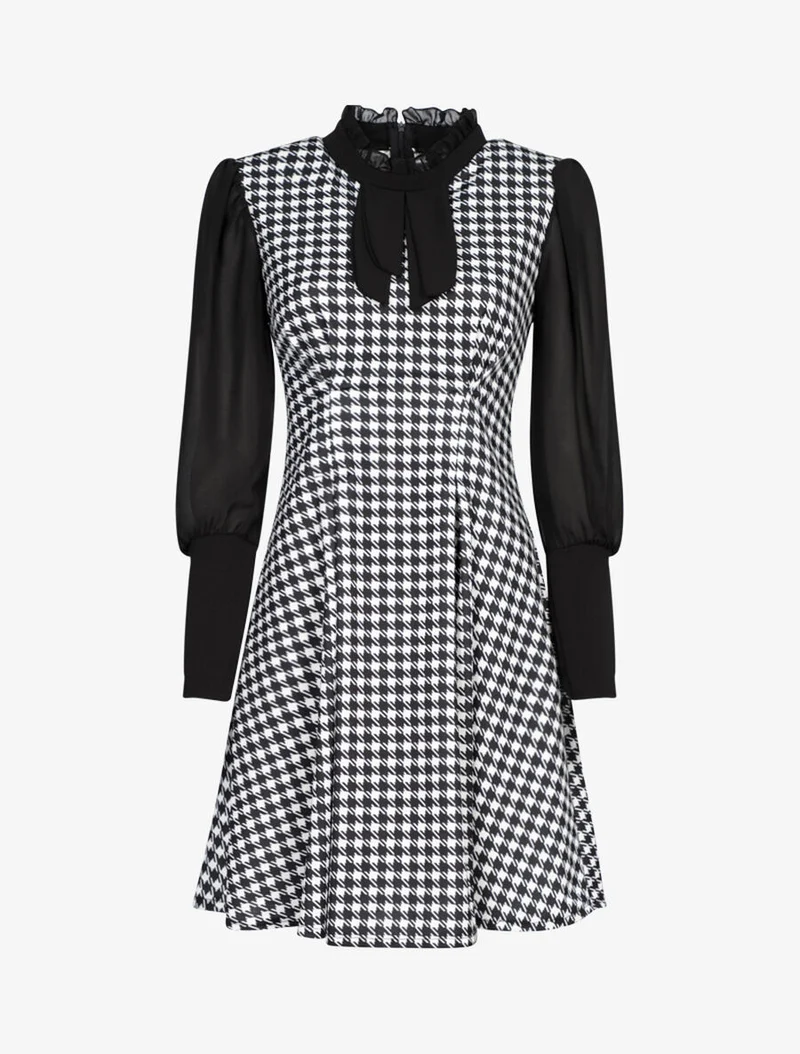 Robe imprimé pied de poule à col lavallière - Noir