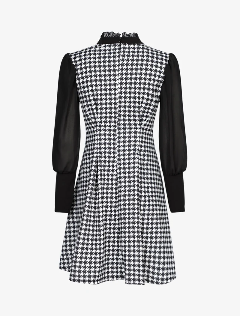 Robe imprimé pied de poule à col lavallière - Noir