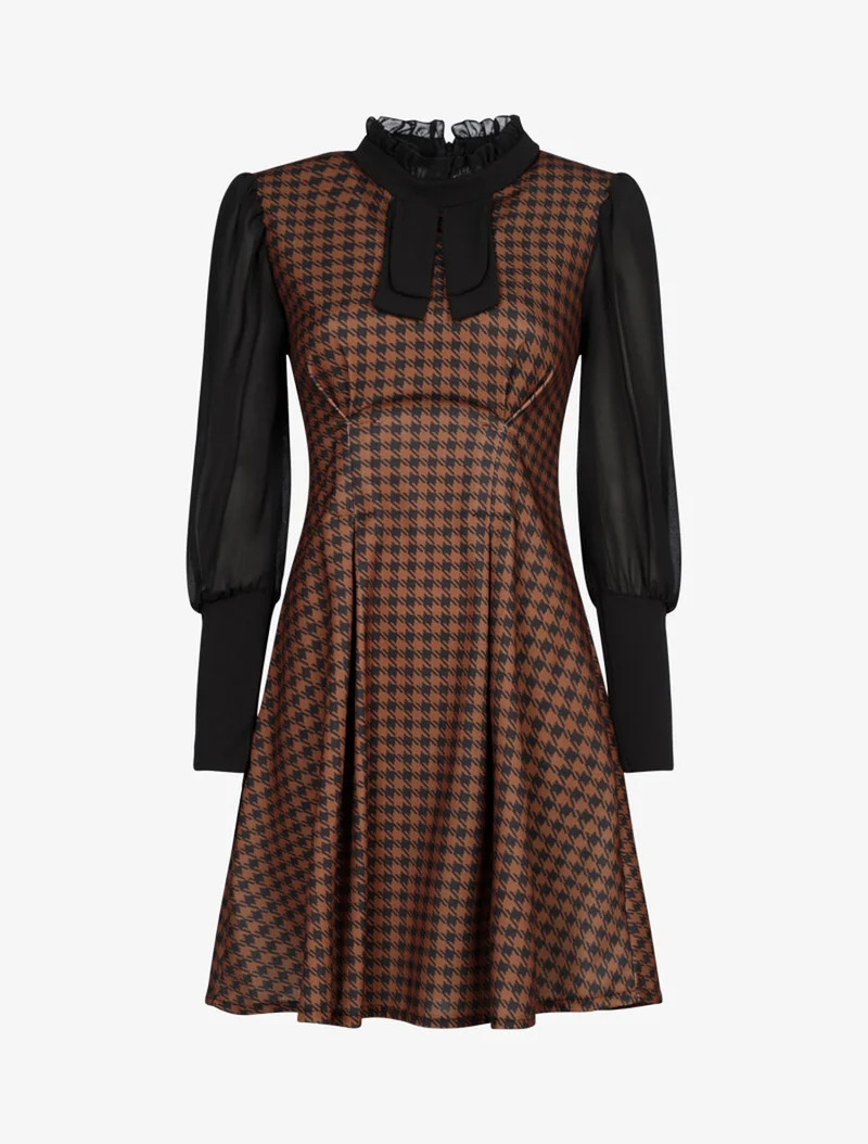 Robe imprimé pied de poule à col lavallière - Marron