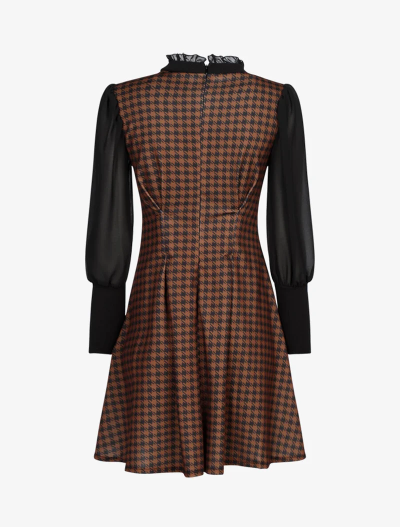 Robe imprimé pied de poule à col lavallière - Marron