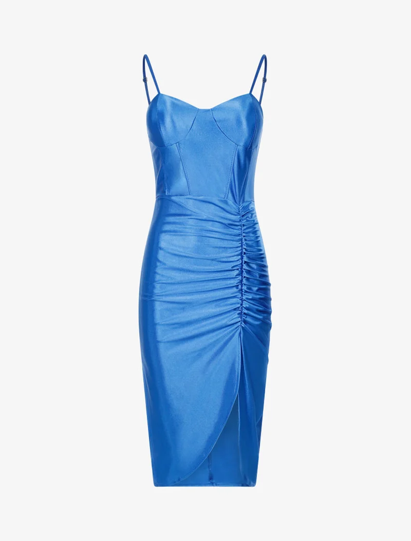 Robe satinée échancrée à plis - Bleu électrique
