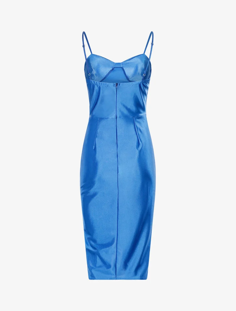 Robe satinée échancrée à plis - Bleu électrique