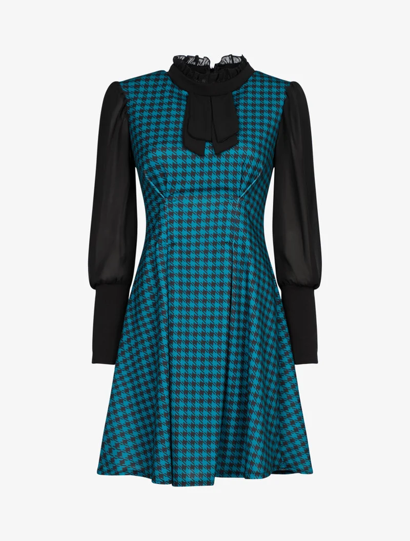 Robe imprimé pied de poule à col lavallière - Bleu