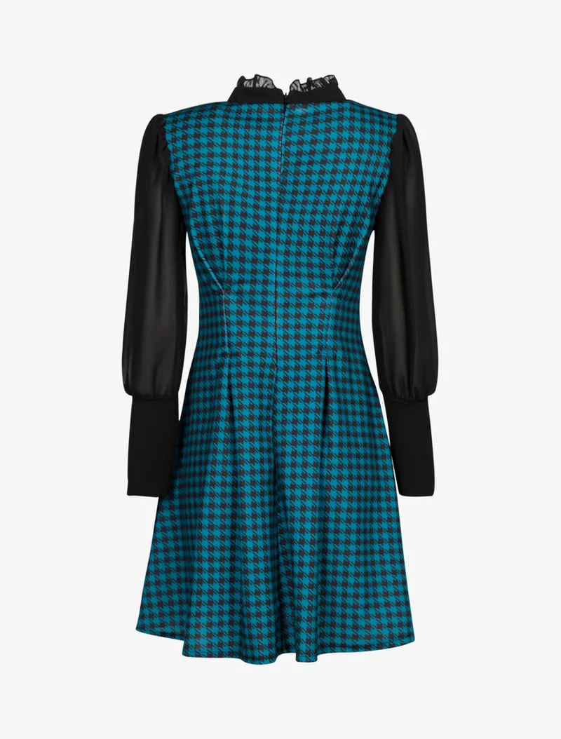 Robe imprimé pied de poule à col lavallière - Bleu
