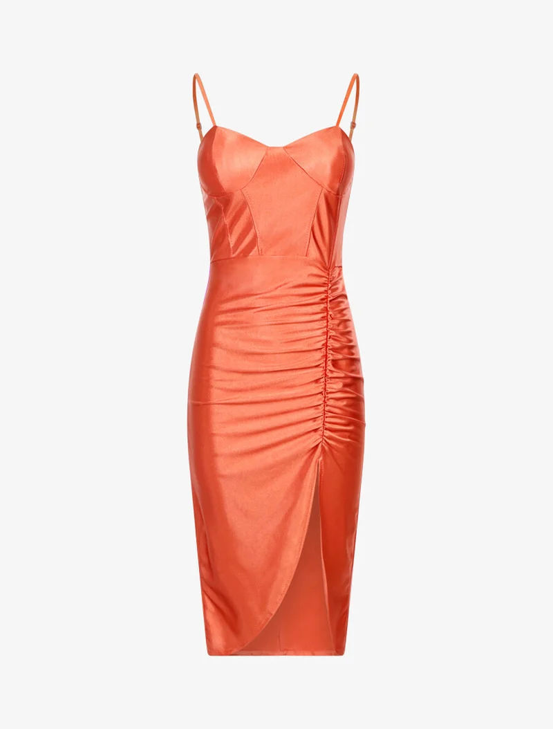 Robe satinée échancrée à plis - Orange