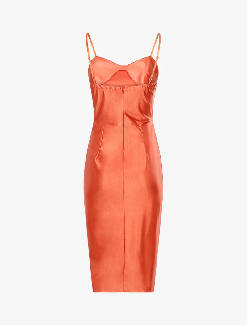 Robe satinée échancrée à plis - Orange