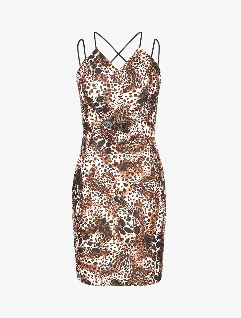 Robe à ventre ajouré et imprimé animal - Marron