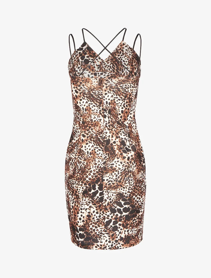 Robe à ventre ajouré et imprimé animal - Marron