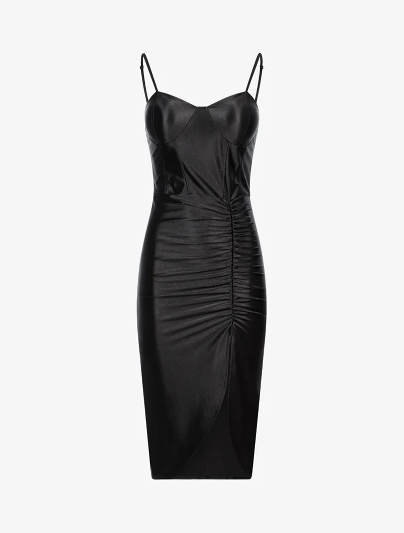 Robe satinée échancrée à plis - Noir