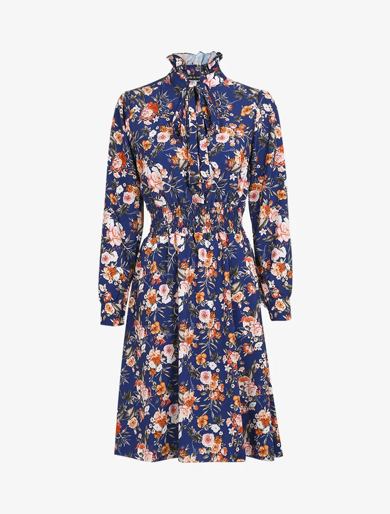 Robe à col montant et lavallière - Bleu
