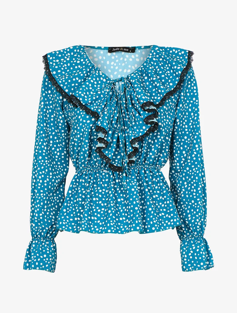 Blouse à jabot imprimé à pois - Turquoise