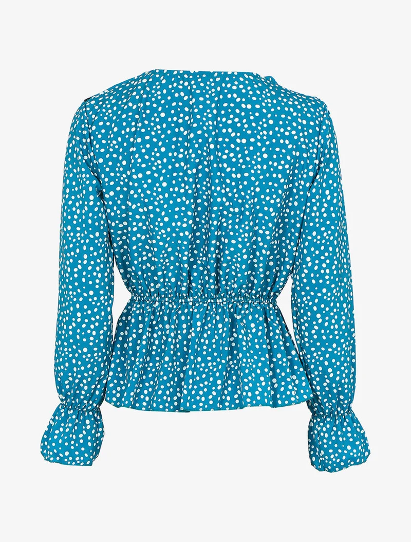 Blouse à jabot imprimé à pois - Turquoise