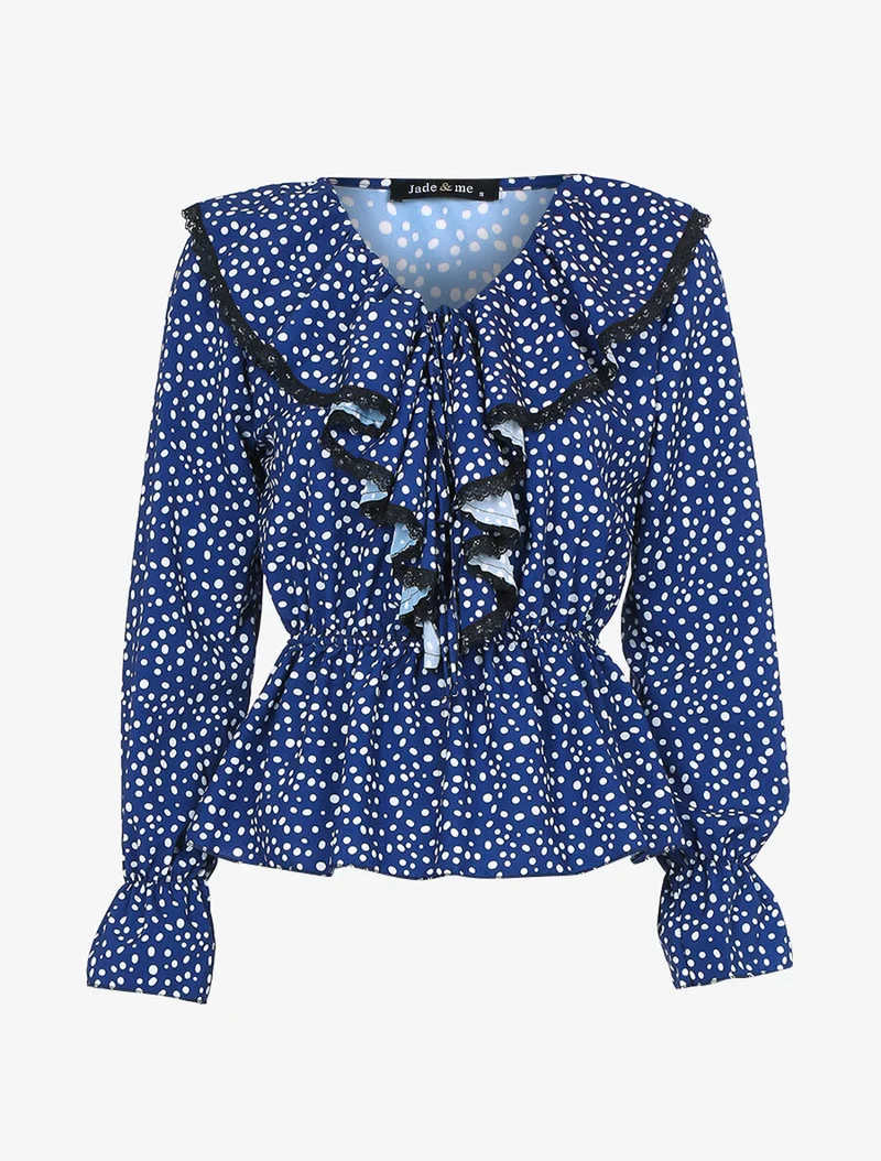 Blouse à jabot imprimé à pois - Bleu nuit